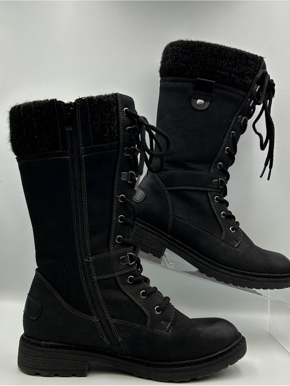 PATRIZIA Mid Calf Riding Boot Womens 7 Black Faux Shearling Lined Lace Up Moto
